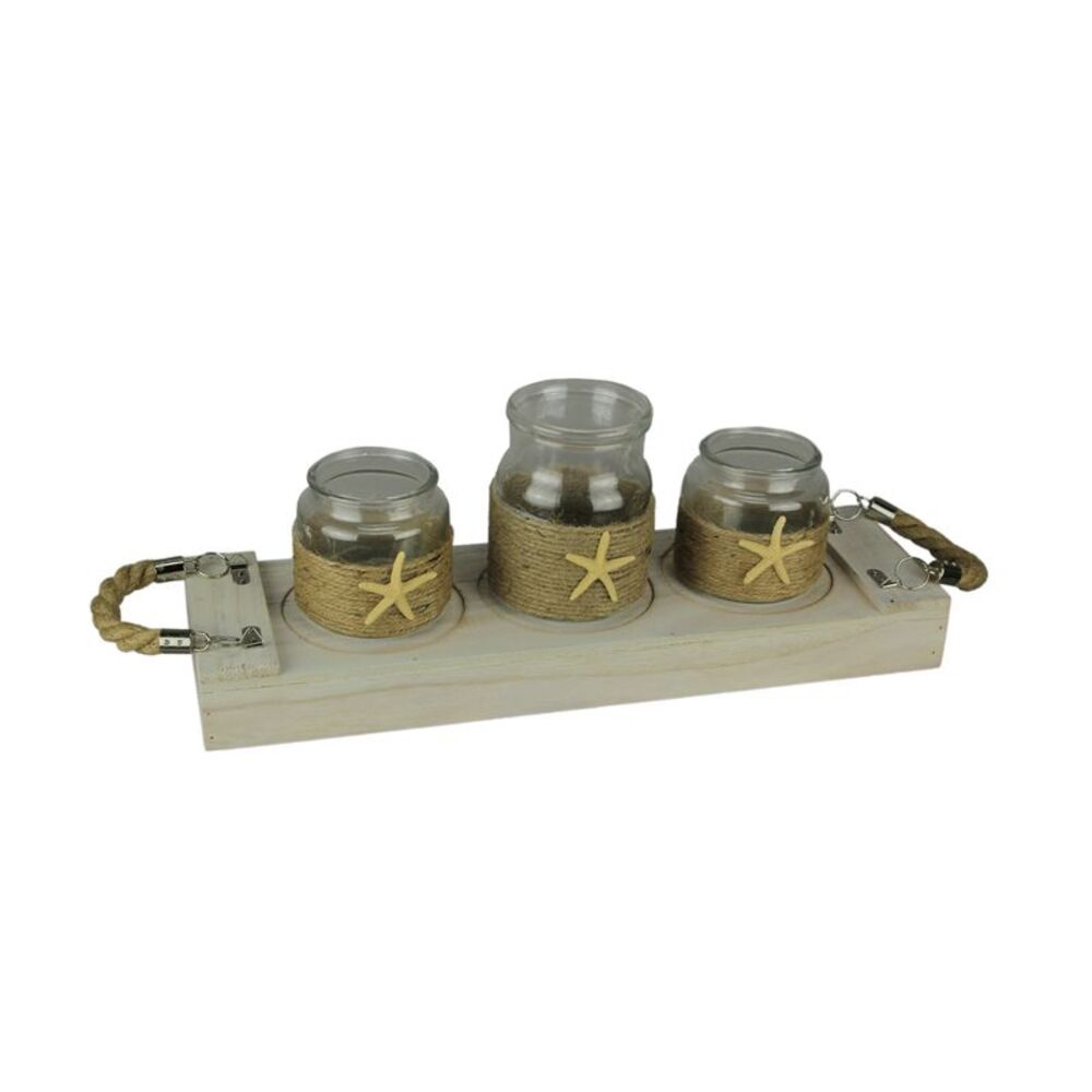 3 Glass Jar Candle Holders and Wood Tray Coastal Centerpiece Set